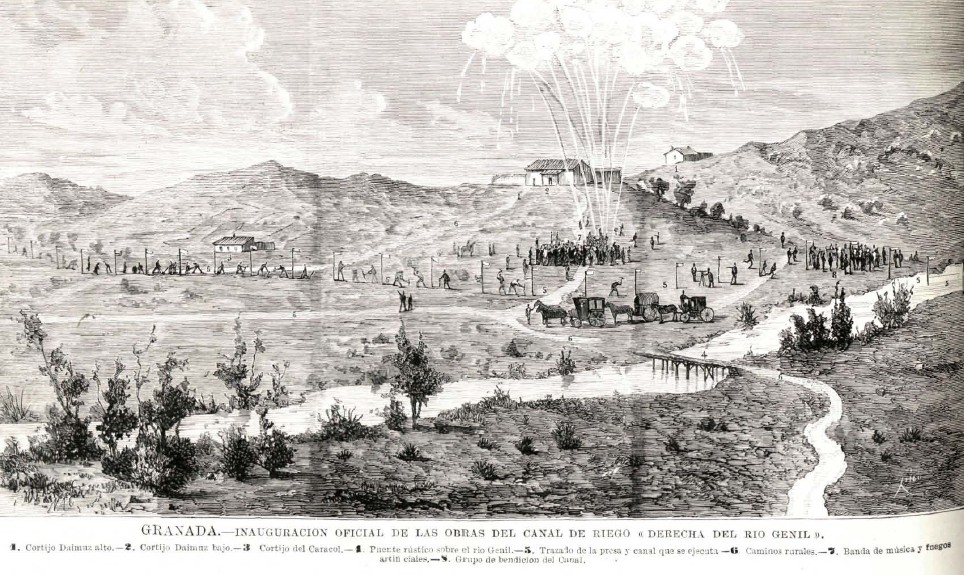 Ilustracin de la inauguracin del canal de riego derecha del rio Genil, ao 1879