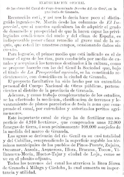 Inauguracin del canal de riego derecha del rio Genil, ao 1879 (*)