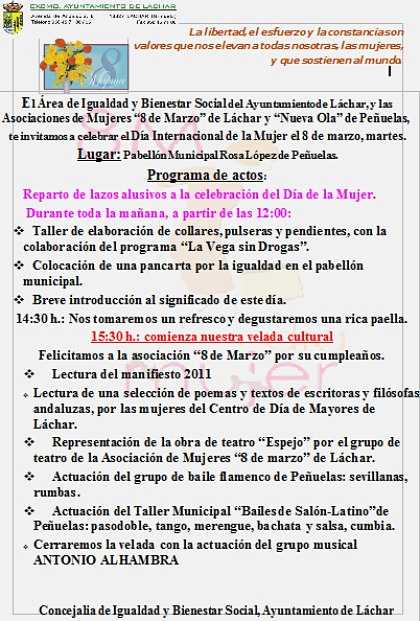 cartel anunciador de actos del Dia de la Mujer en Peuelas (Granada)